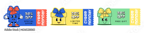Cyber monday and sale. Cute character gift box with a face. Set of design for voucher, ticket, coupon for kids clothes, shoes, toys, stationery. White background. Groovy style. Vector illustration