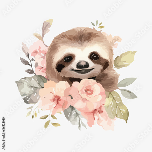 Watercolor vector illustration of a Sloth painting for children nursery room