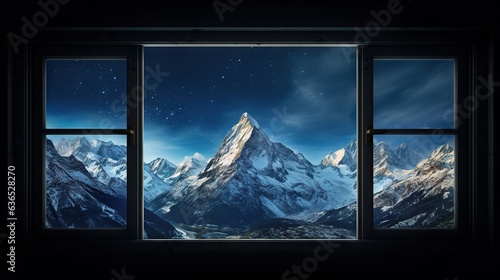  a window view of a snowy mountain range outside of a window.  generative ai