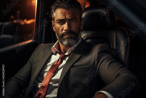 Portrait of an adult glamorous businessman sitting in a luxury car, a successful caucasian handsome business man middle-aged passenger in a suit © Sergio