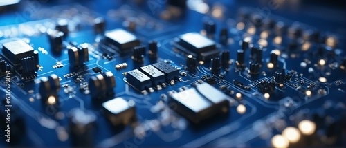 Blue themed, abstract close up of circuit boards 
