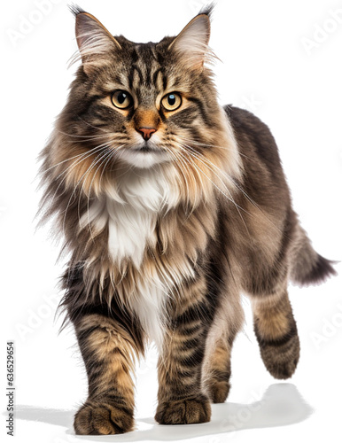 Norwegian Forest Cat, Full Body, Walking, Smiling Face, High Resolution on a white background