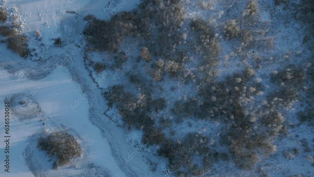Bird's-eye view of a snow-covered landscape with land, water and trees creating interesting textures and shapes Bird's-eye view of a snow-covered landscape with land, water and trees creating interesting textures and shapes