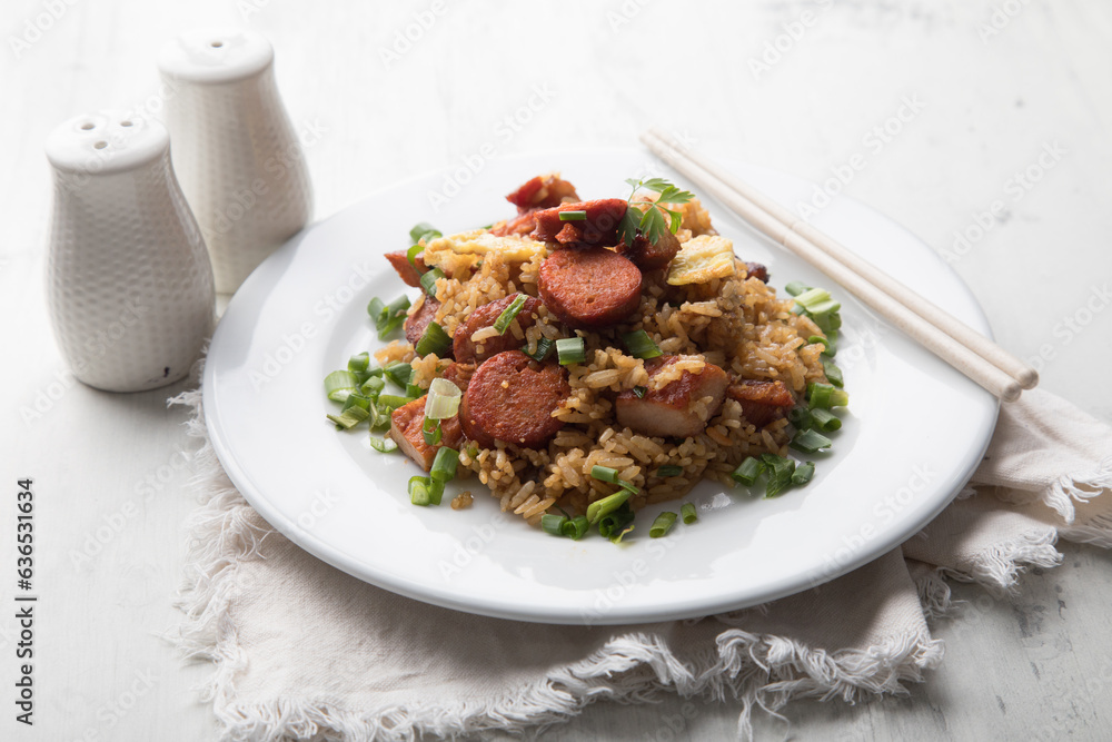 Chaufa amazonico fried rice with chorizo and smoked pork cecina peru peruvian food Chaufa amazonico fried rice with chorizo and smoked pork cecina peru peruvian food