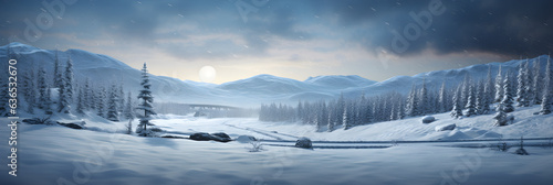 Panorama Winter landscape mountains with trees and snow Christmas background, AI generate