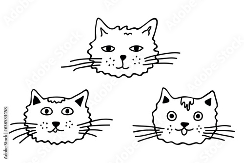 Hand drawn cat muzzle clipart. Cute pet face doodle set