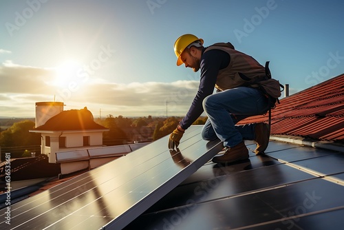 A skilled handyman is in the process of installing solar panels on the rooftop.