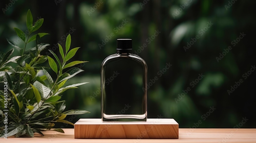 Close-up perfume bottle on wooden table with plant background for mockup design Close-up perfume bottle on wooden table with plant background for mockup design