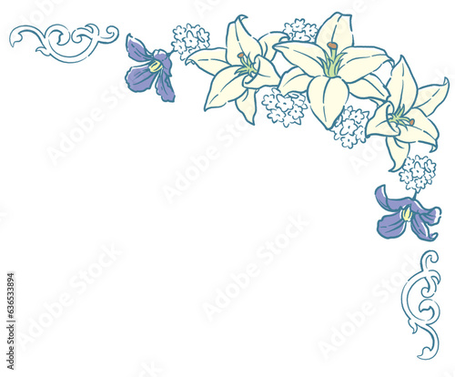 アンティークなお花の装飾フレームのコーナー。ベクター素材。