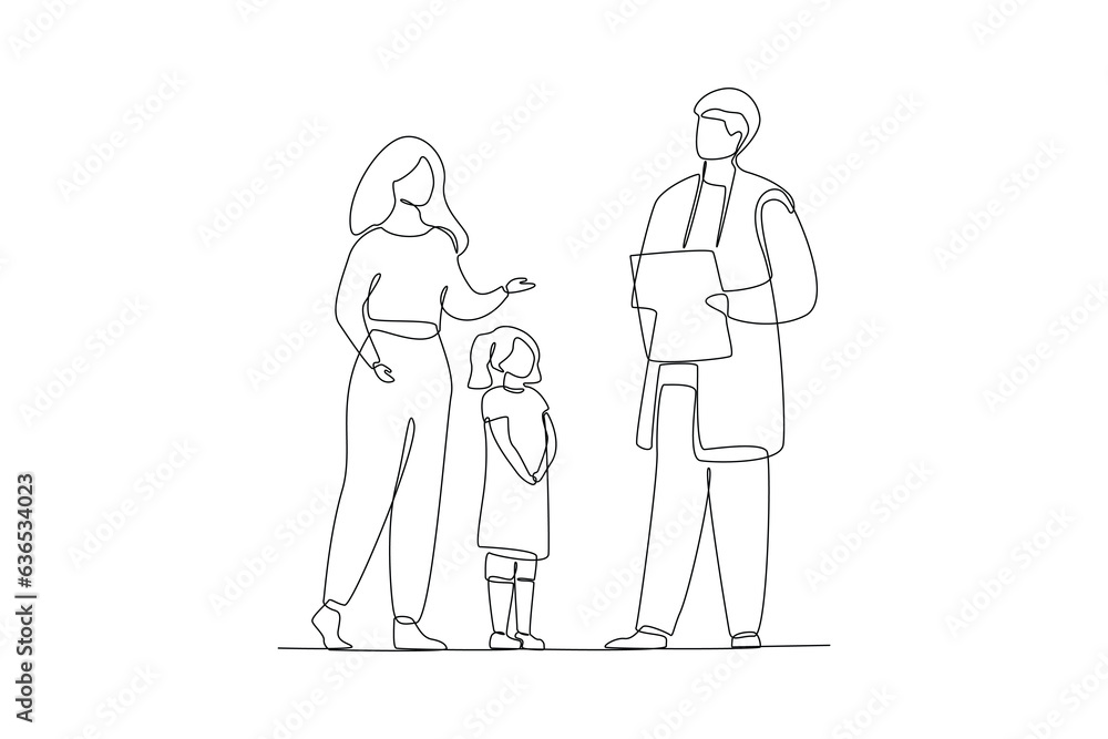 One continuous line drawing of Kids, parents and doctor. Parenting in Healthcare concept. Doodle vector illustration in simple linear style. 