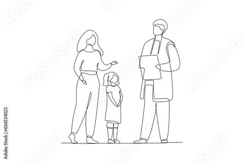 One continuous line drawing of Kids, parents and doctor. Parenting in Healthcare concept. Doodle vector illustration in simple linear style.  © Studiocottage