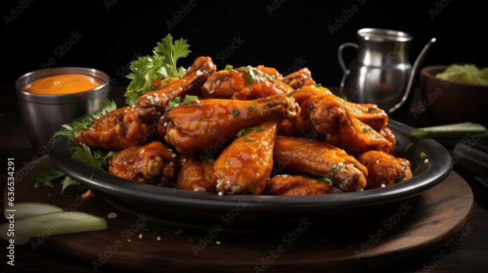 Close-up Buffalo wings with melted hot sauce on a wooden table with a blurred background