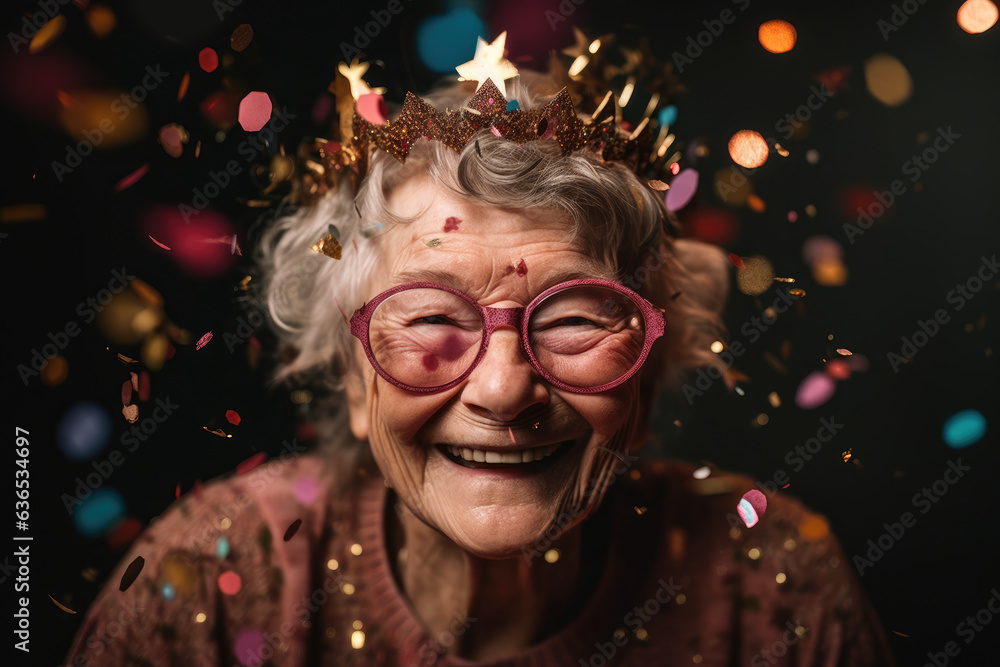 Joyful Grandma Wearing Crown, Smiling with Falling Confetti, Generative AI Joyful Grandma Wearing Crown, Smiling with Falling Confetti, Generative AI