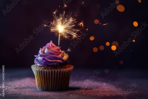 Decadent Purple Birthday Cupcake with Sparkler Candle, Generative AI