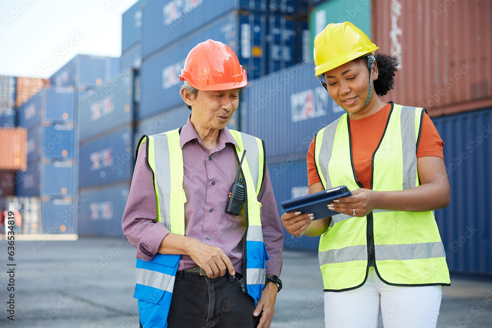 factory workers or engineers talking about work in containers warehouse storage factory workers or engineers talking about work in containers warehouse storage