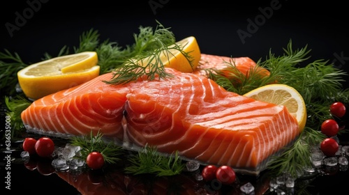 Close-up Fresh salmon with lemon slices on wooden table, black and blur background