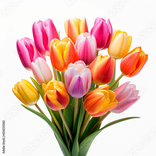 Colorful tulip flowers on a white background.