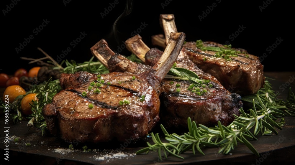 Close-up Grilled lamb chops with barbeque sauce on a plate with black and blurry background
