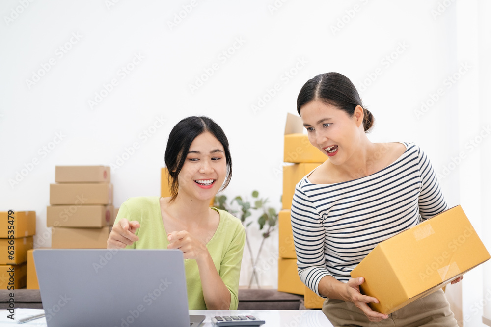 Young asian women happy after new order from customer. Surprise and shock face of asian couple success on making big sale of her online store. Online Selling. Online Shopping Young asian women happy after new order from customer. Surprise and shock face of asian couple success on making big sale of her online store. Online Selling. Online Shopping