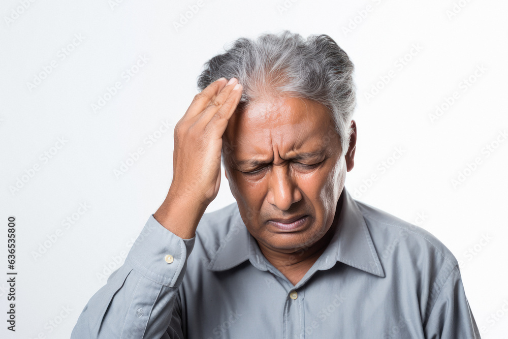 Senior indian man feeling head pain Senior indian man feeling head pain