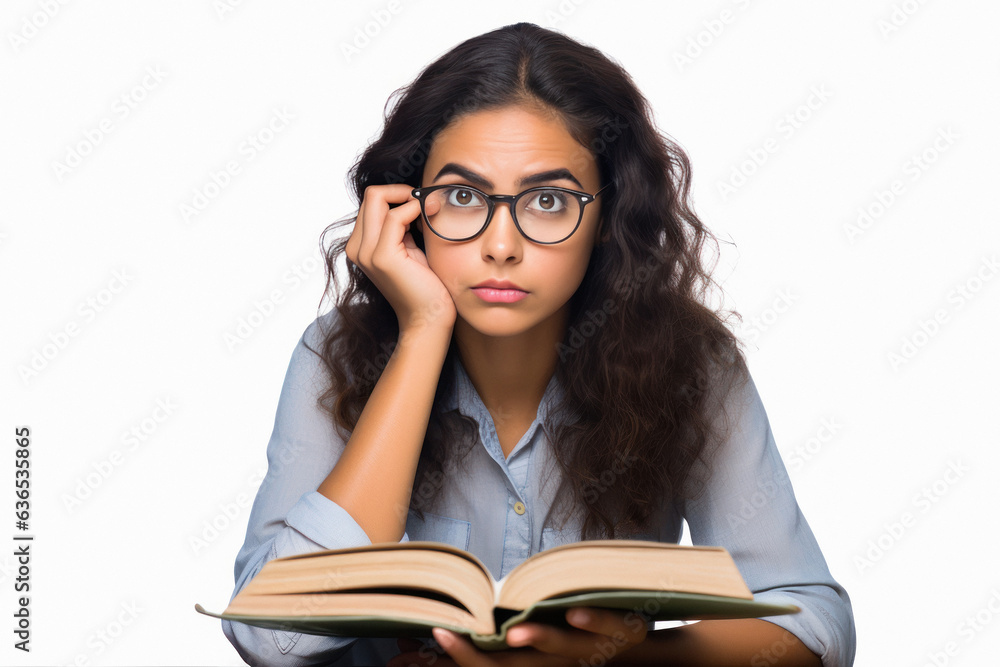 Woman giving thinking and shocked expression while reading book Woman giving thinking and shocked expression while reading book