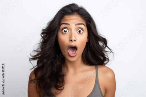 Shocking face of young woman on white background.