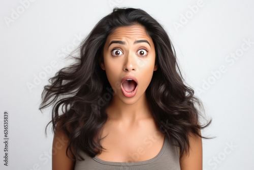 Shocking face of young woman on white background.