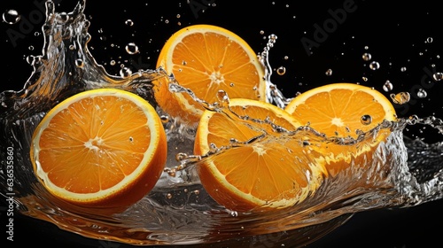 Close-up flying fresh orange splashed with water on black background and blur