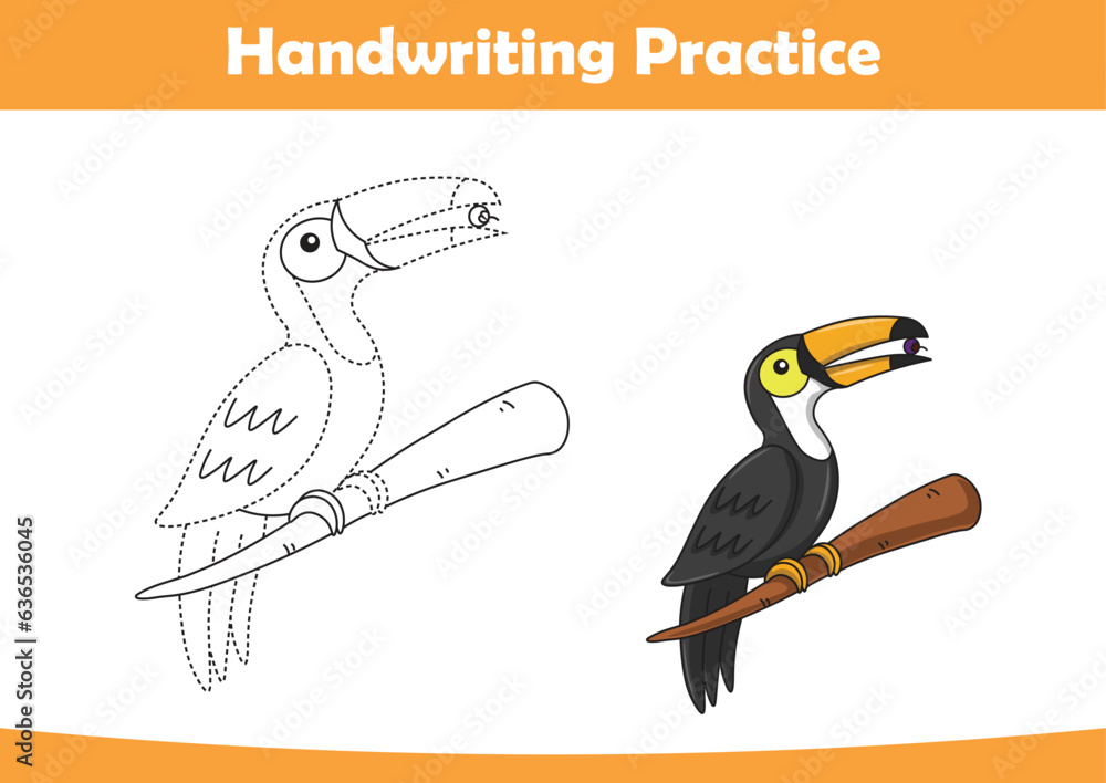 Obraz premium Practice handwriting. tracing lines and coloring toucan for children