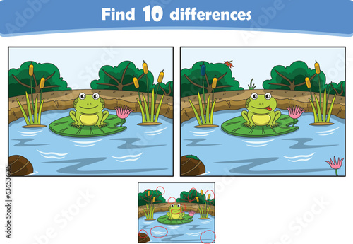 Funny cartoon frog. Find 10 differences. Kids Education games. Cartoon vector illustration