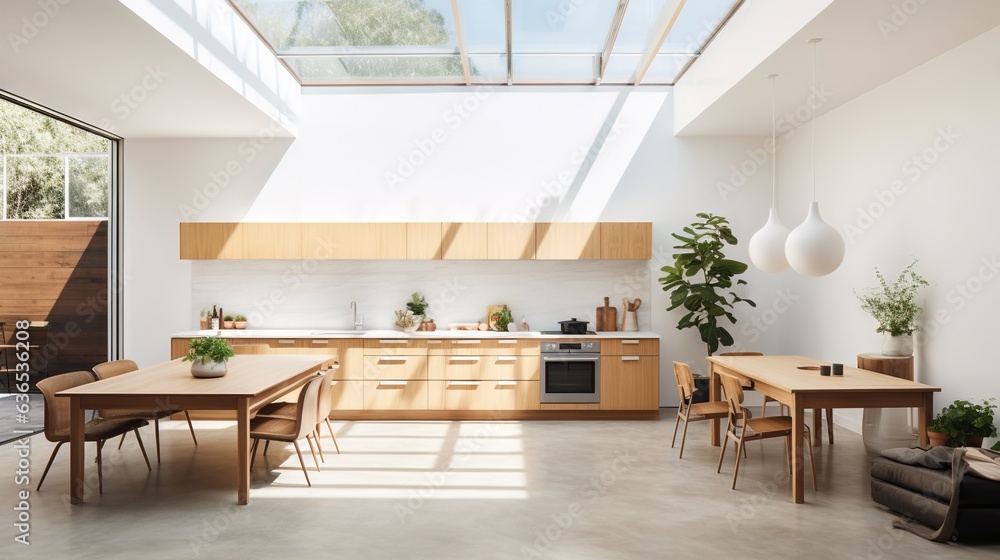 Fototapeta premium a kitchen with a skylight and a table and chairs. generative ai