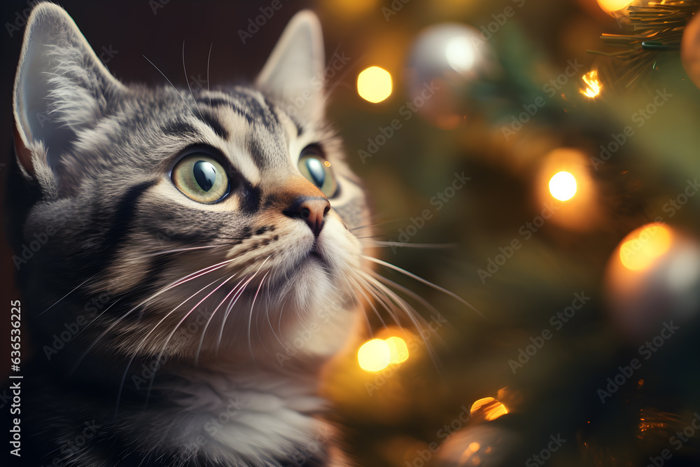 A cute cat playing with ornaments on a small christmas tree, ights bokeh blurred background, AI generate