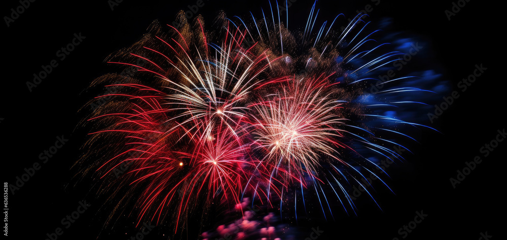 Red White Blue Fireworks Display in Night Sky - Generative AI Red White Blue Fireworks Display in Night Sky - Generative AI