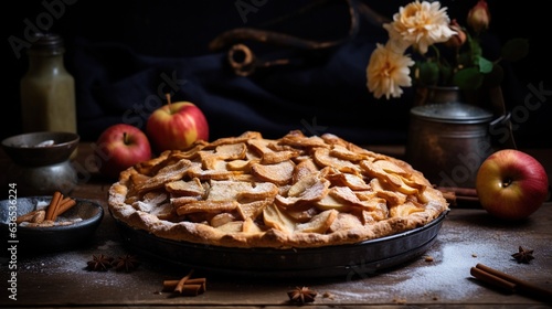  a pie with apples and cinnamon sticks on a wooden table.  generative ai