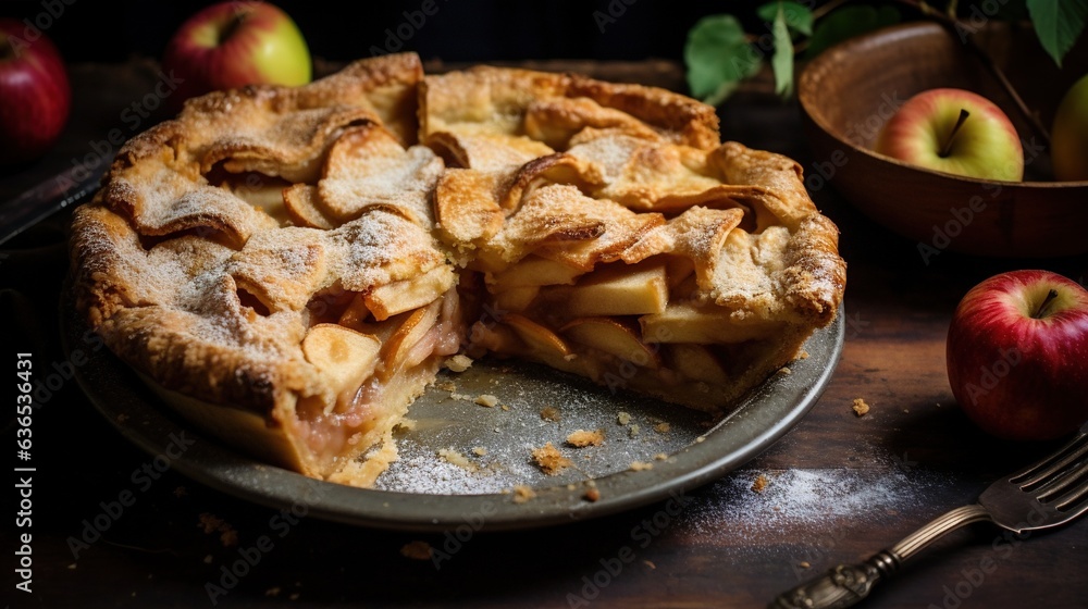 a pie with a slice taken out of it on a plate. generative ai a pie with a slice taken out of it on a plate. generative ai