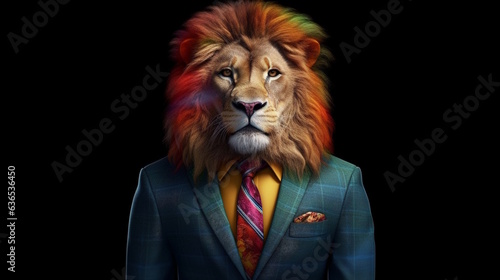 Lion in Stylish Colorful Business Suit  Playful and Colorful Concept in a Simple Plain Background  Concept for Creative Marketing and Branding. Generative AI