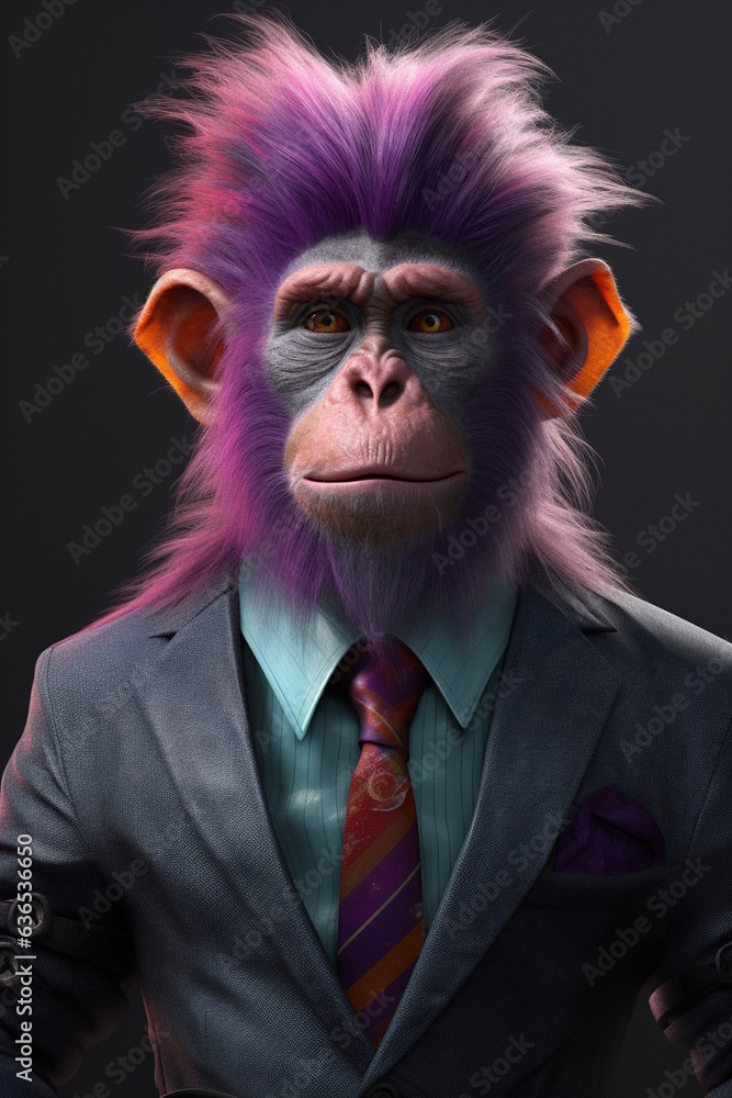 Monkey in Stylish Colorful Business Suit, Playful and Colorful Concept in a Simple Plain Background, Concept for Creative Marketing and Branding. Generative AI