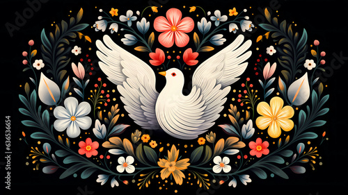 hand drawn cartoon illustration of dove of peace among flowers 