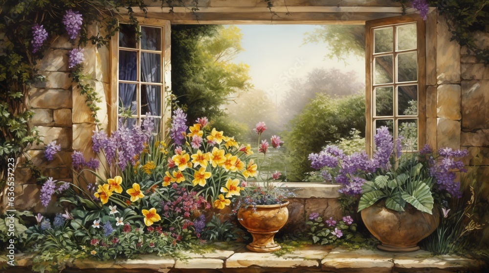  a painting of a garden with flowers and a vase of flowers.  generative ai