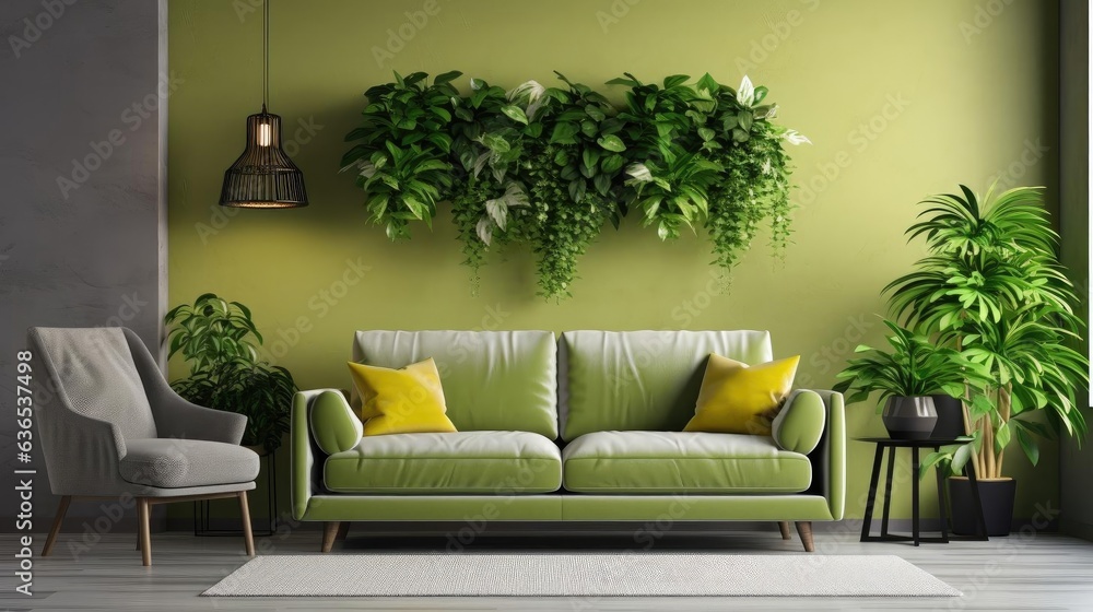 Close-up Modern living room interior with sofa and green leaf ornament and minimalist design
