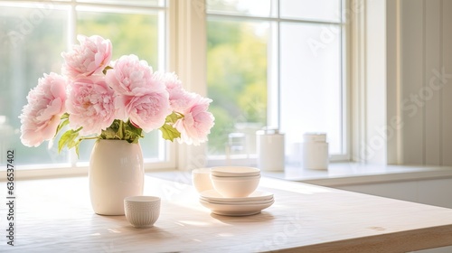  a vase of pink flowers sitting on a table next to two cups.  generative ai