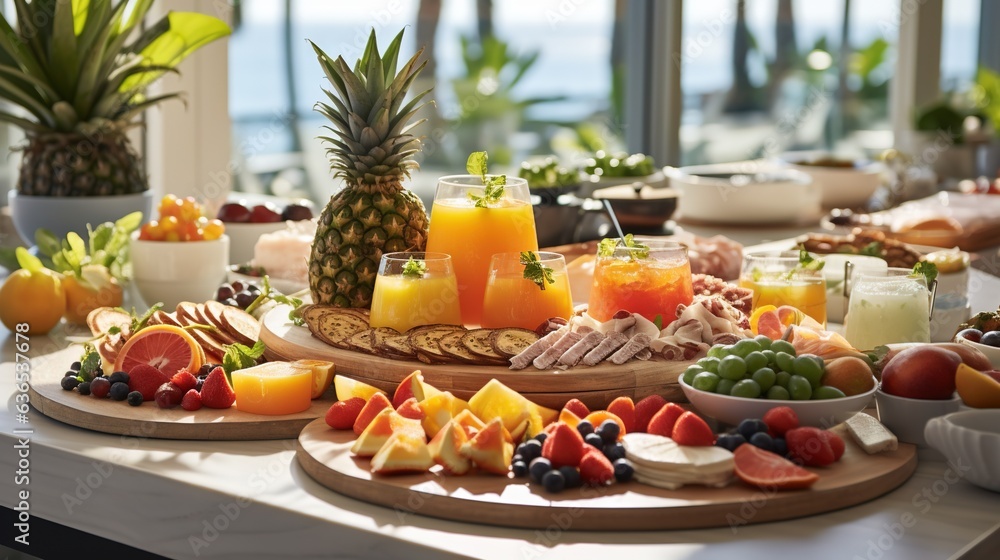 a table topped with plates of food and fruit next to a window. generative ai a table topped with plates of food and fruit next to a window. generative ai