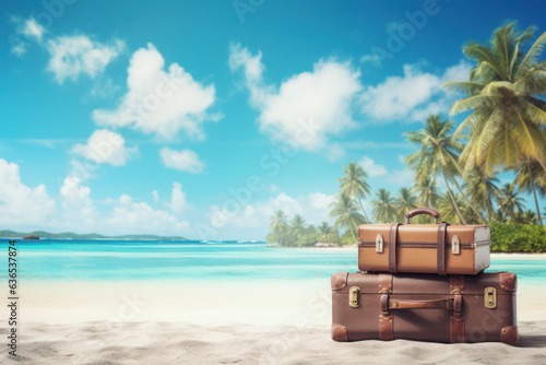 Tropical Getaway: Suitcase Bags on Beach with Ocean and Palm Trees, Perfect for Travel Advertising, Marketing, and Graphic Resources, Generative AI