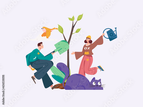 Vector concept operation hand-drawn illustration of flat characters planting trees in spring Arbor Day 