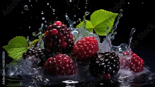 Close-up fresh blackberry and redberry splashed with water on black background and blur
