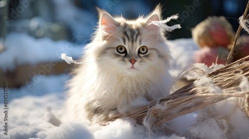  a fluffy cat sitting in the snow next to a basket. generative ai