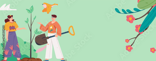 Vector concept operation hand-drawn illustration of flat characters planting trees in spring Arbor Day
