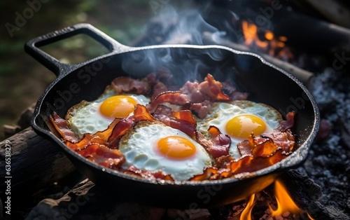 Rustic Campfire Breakfast Bacon and Eggs in Cast Iron. Generative AI