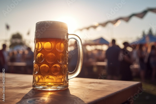 Large beer mug on table of outdoor fstival photo