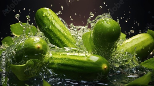 Close-up fresh green cucumber splashed with water on black and blurred background